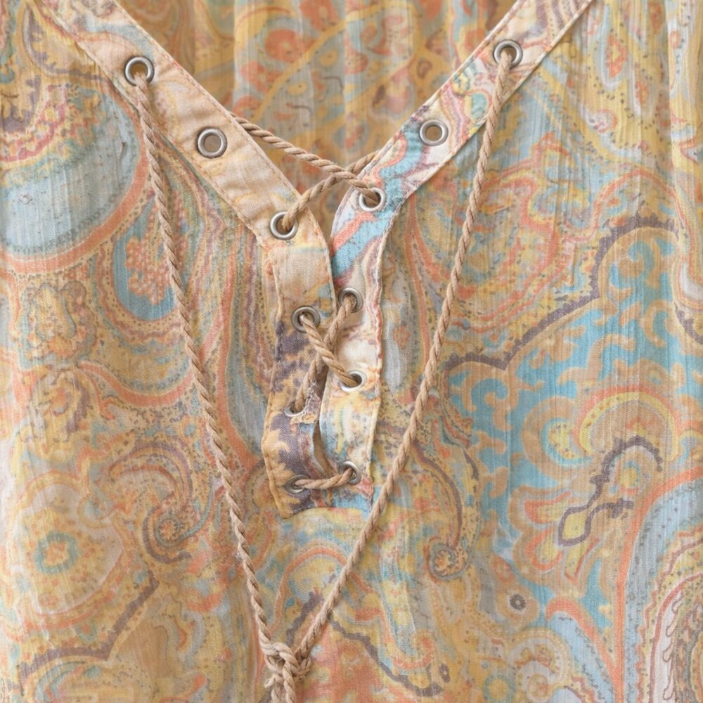 Boho Paisley Sheer Blouse | Loose Fit | Lace-Up Neck